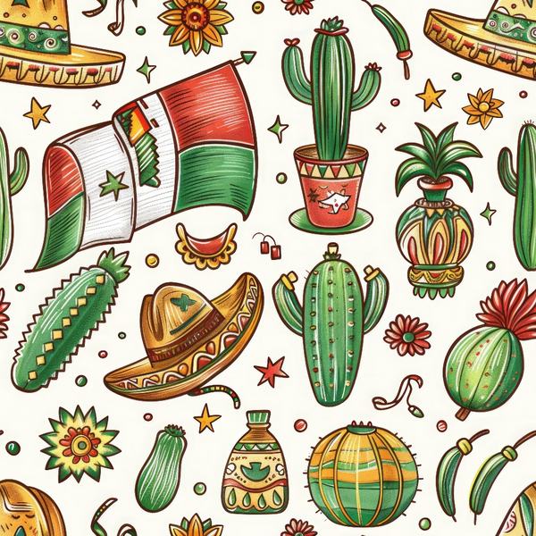mexican flag, cacti, sombreros, terracotta, forest green, golden yellow, orange flowers, red accents, geometric pottery, desert plants, folk art style, cultural motifs, festive pattern,, fabric panel, southwestern theme, tribal designs, decorative vessels, artistic illustration, vibrant colors