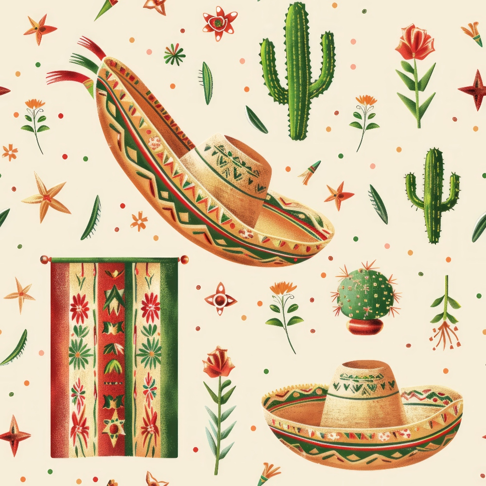 sombrero, cactus, mexican motifs, geometric patterns, terra cotta, sage green, coral red, cream background, desert plants, tribal designs, southwestern style,, fabric panel, festive mood, cultural celebration, botanical elements, decorative florals, ethnic patterns, warm earth tones, fiesta theme