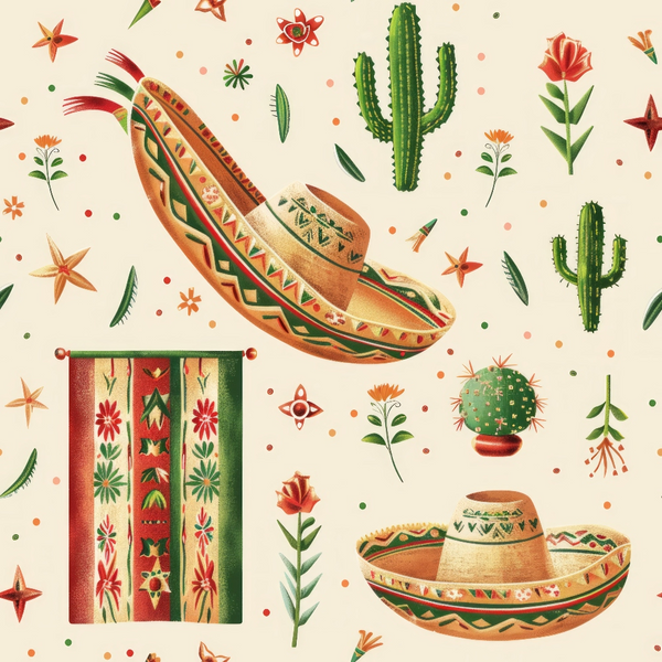 sombrero, cactus, mexican motifs, geometric patterns, terra cotta, sage green, coral red, cream background, desert plants, tribal designs, southwestern style,, fabric panel, festive mood, cultural celebration, botanical elements, decorative florals, ethnic patterns, warm earth tones, fiesta theme