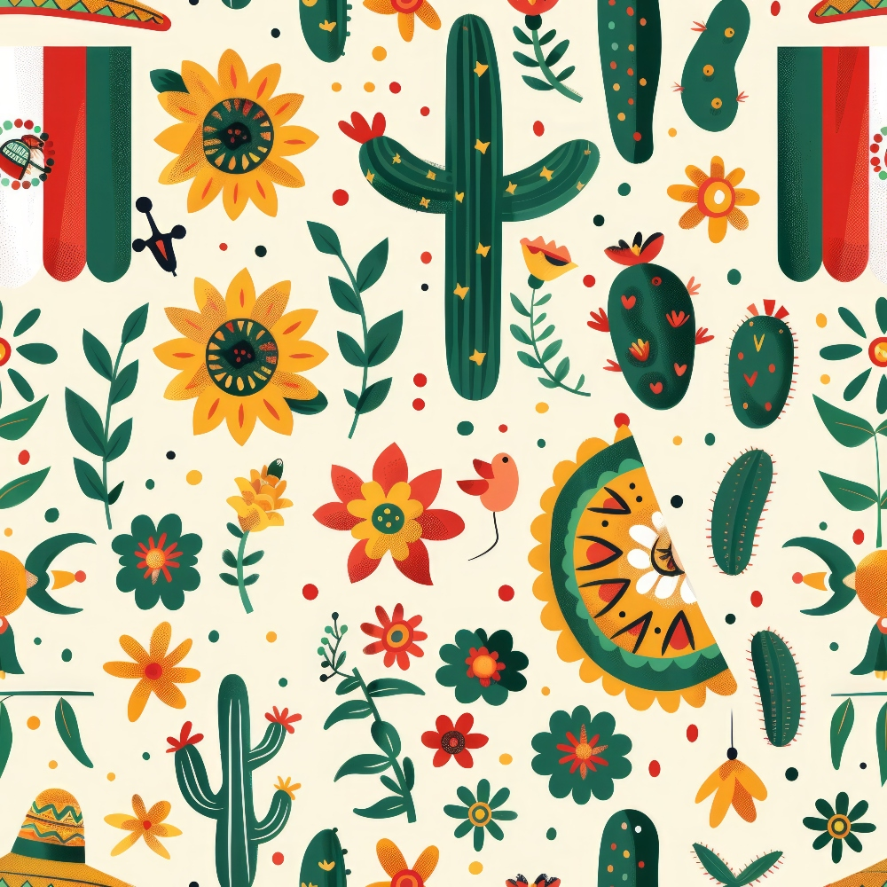 orange, green, red, yellow, cream, cacti, saguaro cactus, flowers, sunflowers, mexican folk art, festive pattern, desert plants, geometric designs, decorative motifs,, fabric panel, southwestern style, vibrant colors, floral elements, cultural celebration