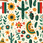 orange, green, red, yellow, cream, cacti, saguaro cactus, flowers, sunflowers, mexican folk art, festive pattern, desert plants, geometric designs, decorative motifs,, fabric panel, southwestern style, vibrant colors, floral elements, cultural celebration