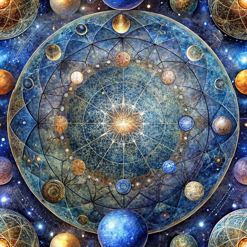 celestial, cosmic, sacred geometry, mandala, planets, stars, universe, deep blue, golden yellow, copper, bronze, metallic accents, geometric patterns, spiritual, mystical, astronomical,, fabric panel, space theme, cosmic design, intricate linework