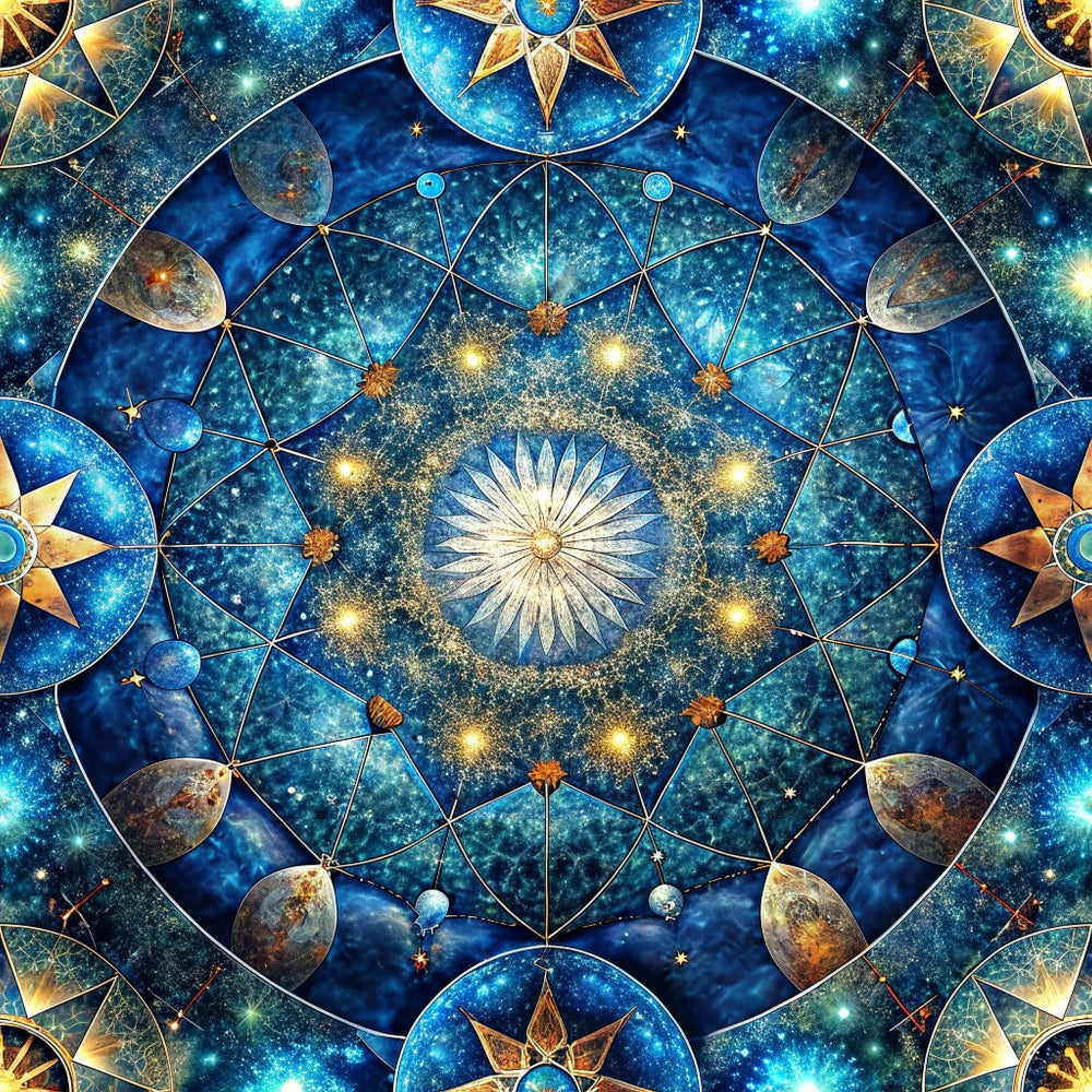celestial mandala, deep blue, cosmic pattern, star burst, geometric design, sacred geometry, golden accents, planetary motifs, mystical symbols,, fabric panel, spiritual design, universe theme, radial symmetry, ethereal glow, cosmic blue, celestial bodies, mandala center, intricate details, heavenly pattern