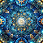 celestial mandala, deep blue, cosmic pattern, star burst, geometric design, sacred geometry, golden accents, planetary motifs, mystical symbols,, fabric panel, spiritual design, universe theme, radial symmetry, ethereal glow, cosmic blue, celestial bodies, mandala center, intricate details, heavenly pattern