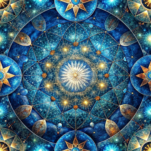 celestial mandala, deep blue, cosmic pattern, star burst, geometric design, sacred geometry, golden accents, planetary motifs, mystical symbols,, fabric panel, spiritual design, universe theme, radial symmetry, ethereal glow, cosmic blue, celestial bodies, mandala center, intricate details, heavenly pattern