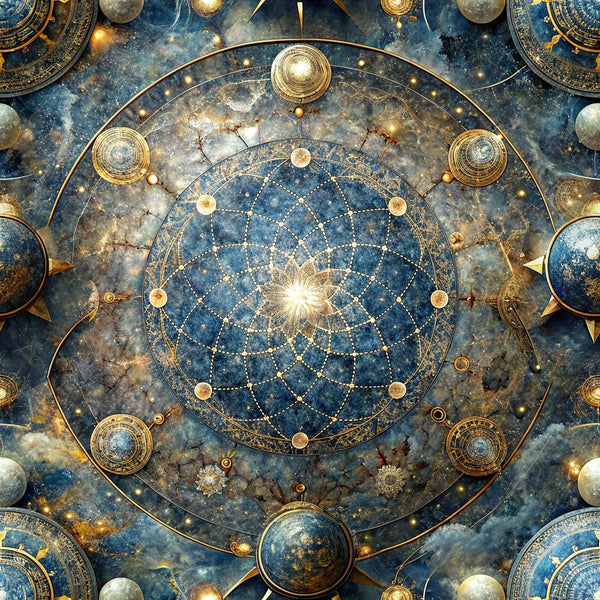 celestial, astronomical, cosmic, mandala pattern, geometric circles, golden accents, deep blue, navy blue, metallic gold, bronze tones, starry night, constellation design, sacred geometry, mystical symbols, ornate details, vintage astronomy,, fabric panel, celestial bodies, intricate medallions