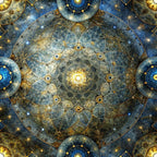 celestial mandala, sacred geometry, cosmic pattern, deep blue, golden yellow, bronze accents, mystical eyes, concentric circles, starfield background, ethereal glow, spiritual symbolism,, fabric panel, astronomical theme, celestial bodies, geometric design, metallic gold, navy blue, antiqued texture, mystical artwork