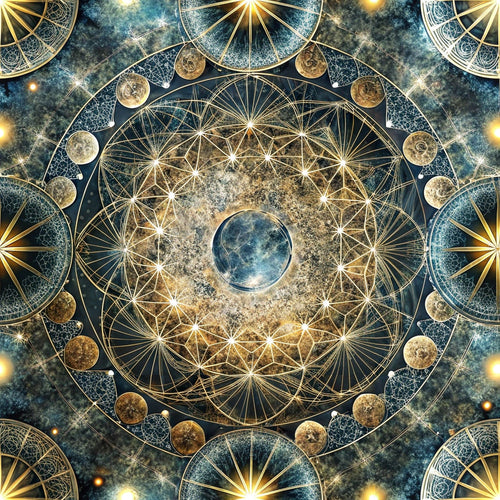 celestial mandala, sacred geometry, moon phases, cosmic design, navy blue, golden yellow, starbursts, radiating lines, circular patterns,, fabric panel, mystical motifs, astronomical theme, geometric circles, luminous stars, deep blue background, metallic gold accents, spiritual symbols, cosmic energy, celestial bodies