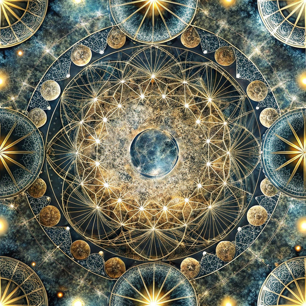 celestial mandala, sacred geometry, moon phases, cosmic design, navy blue, golden yellow, starbursts, radiating lines, circular patterns,, fabric panel, mystical motifs, astronomical theme, geometric circles, luminous stars, deep blue background, metallic gold accents, spiritual symbols, cosmic energy, celestial bodies