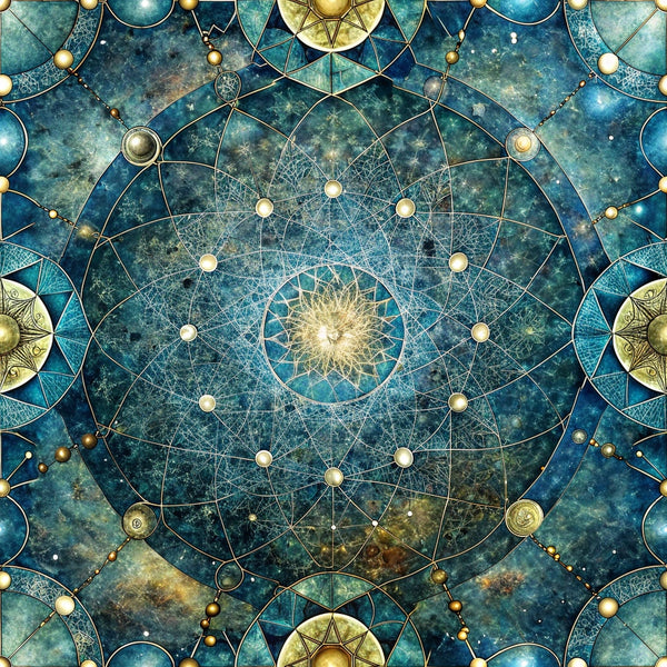 celestial, geometric, mandala, sacred geometry, cosmic, navy blue, teal, gold, bronze, metallic accents, star patterns, circular motifs, mystical, spiritual, intricate linework, celestial bodies,, fabric panel, bohemian, esoteric symbols, radiating design, ornate details