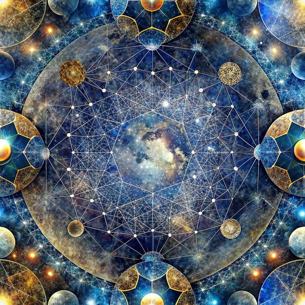celestial, cosmic, sacred geometry, mandala, deep blue, navy, gold accents, geometric lines, planets, stars, nebula, galaxy, mystical, spiritual, interconnected patterns, circular design, astronomical, space themed,, fabric panel