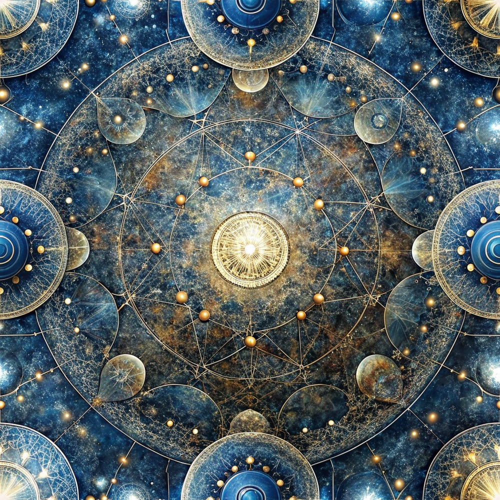 navy blue, golden yellow, celestial mandala, sacred geometry, cosmic circles, starry night, astronomical design,, fabric panel, mystical pattern, geometric shapes, universe motif, deep blue background, metallic gold accents, spiritual symbols, cosmic energy, mandala art, celestial bodies, intricate details, bohemian style