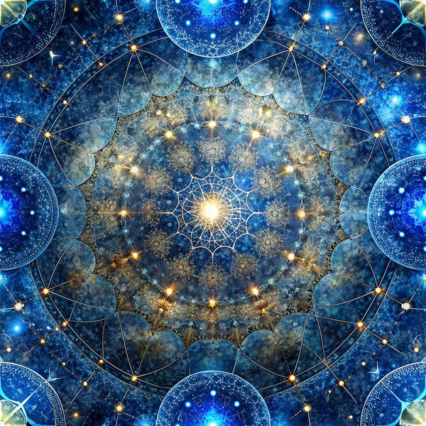 celestial pattern, mandala design, cosmic circles, deep blue, navy blue, golden yellow, starlight effects, geometric shapes, sacred geometry,, fabric panel, mystical artwork, universe theme, radial symmetry, constellation motifs, spiritual design, intricate details, celestial bodies, cosmic energy, meditation inspired