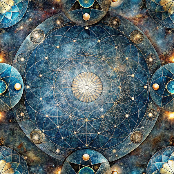 celestial, mandala, geometric patterns, sacred geometry, cosmic, starry sky, deep blue, teal, gold accents, bronze, mystical, spiritual, intricate circles, radiating lines,, fabric panel, astronomical, ethereal, symmetrical design, celestial bodies