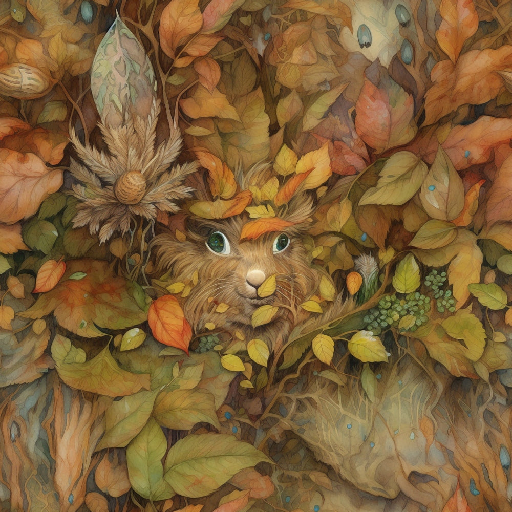 autumn leaves, forest rabbit, green eyes, brown fur, fall foliage, orange leaves, yellow leaves, woodland creature, nature scene,, fabric panel, celtic fantasy, fairytale art, earth tones, detailed illustration, whimsical design, seasonal motif, forest floor, natural camouflage
