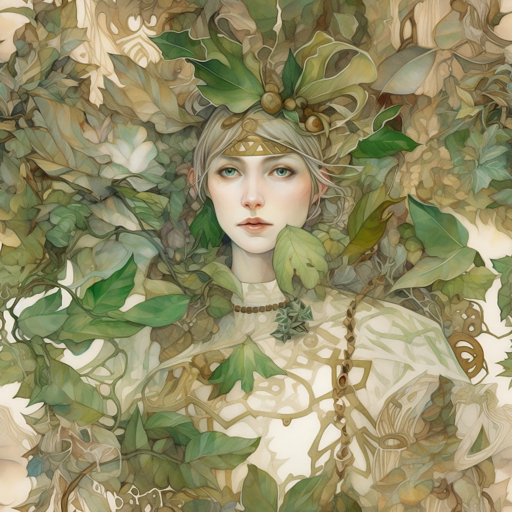 fairy, celtic, forest nymph, botanical, leaf pattern, sage green, moss green, cream, beige, fantasy character, ethereal, nature goddess,, fabric panel, woodland theme, mystical, flowing hair, ornate jewelry, celtic knots, art nouveau style, earth tones, whimsical, enchanted forest