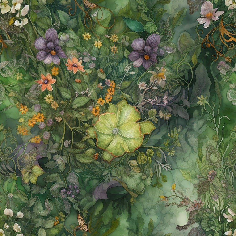 forest green, sage green, purple flowers, orange blooms, yellow blossoms, botanical pattern, nature motif, floral design, leaves and vines, whimsical illustration, fairy tale theme, celtic style,, fabric panel, enchanted garden, woodland scene, delicate florals, organic shapes, mystical atmosphere, earthy tones