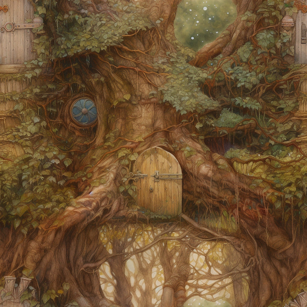 celtic fairytale, tree house, enchanted forest, earthy browns, moss green, golden yellow, magical dwelling, whimsical illustration, fairy tale scene, organic architecture, mystical atmosphere,, fabric panel, fantasy art, woodland setting, rustic doors, natural textures, storybook style, magical home, forest canopy