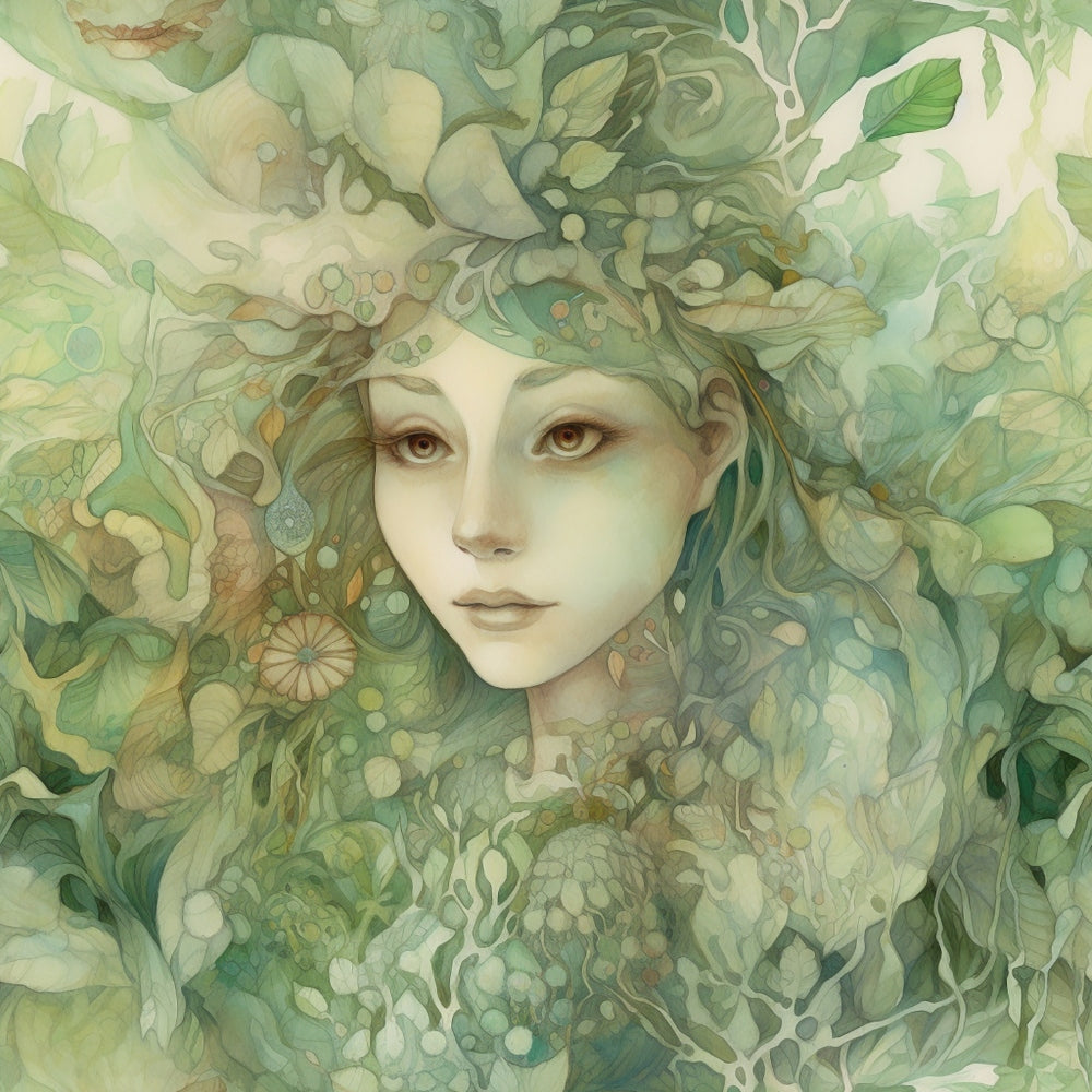 sage green, forest green, pale yellow, cream, watercolor style, ethereal woman, flowing hair, botanical elements, leaves, organic swirls, nature goddess, mystical, dreamy, soft pastels,, fabric panel, whimsical, fairy tale, delicate features, natural motifs