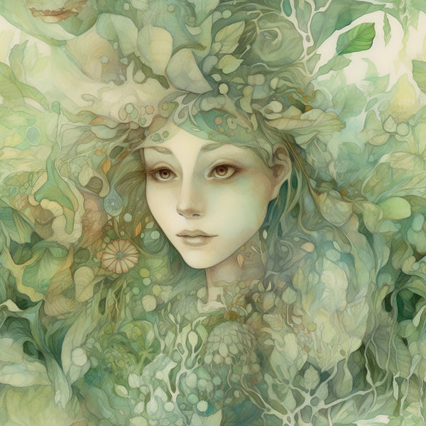 sage green, forest green, pale yellow, cream, watercolor style, ethereal woman, flowing hair, botanical elements, leaves, organic swirls, nature goddess, mystical, dreamy, soft pastels,, fabric panel, whimsical, fairy tale, delicate features, natural motifs