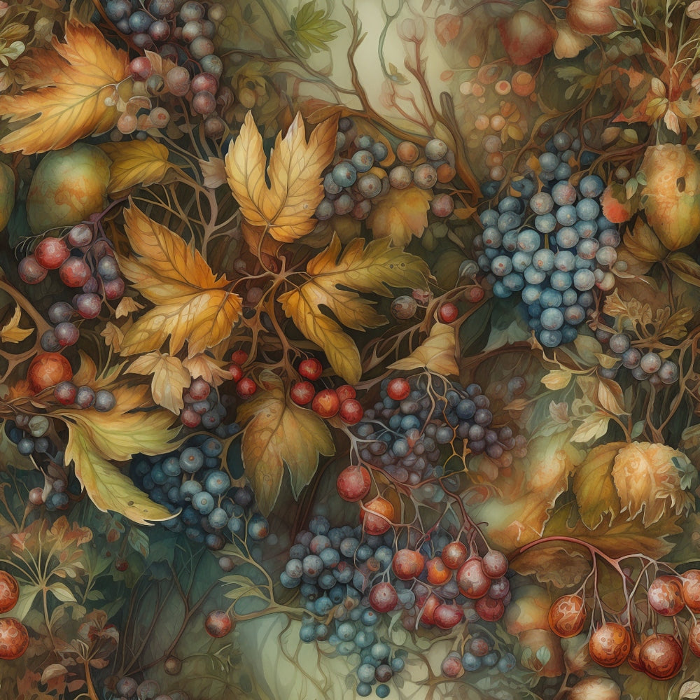 autumn foliage, grapes, berries, vines, golden yellow, deep blue, burgundy, sage green, botanical pattern, harvest theme, fruit clusters, leaves, branches, celtic design,, fabric panel, rich colors, nature motif, fall colors, organic design