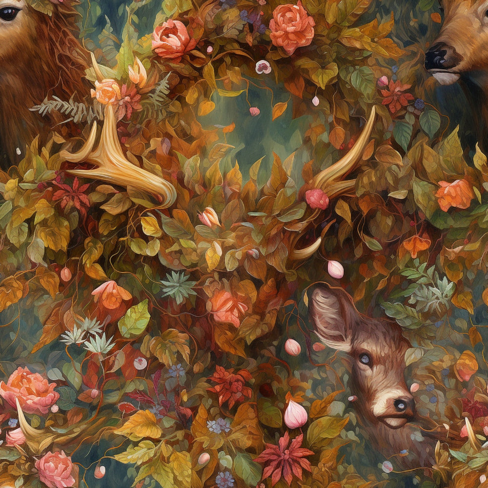 celtic fairytale, deer antlers, autumn foliage, coral roses, forest animals, whimsical pattern,, fabric panel, earth tones, golden brown, sage green, romantic florals, woodland creatures, fantasy art, botanical elements, rustic charm, nature motif, artistic illustration, fall colors, enchanted forest