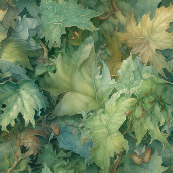 sage green, forest green, yellow green, botanical leaves, maple leaves, oak leaves, nature pattern, organic design, layered foliage, autumn leaves,, fabric panel, earthy tones, botanical illustration, overlapping leaves, natural elements, green palette, leaf motifs, cotton fabric