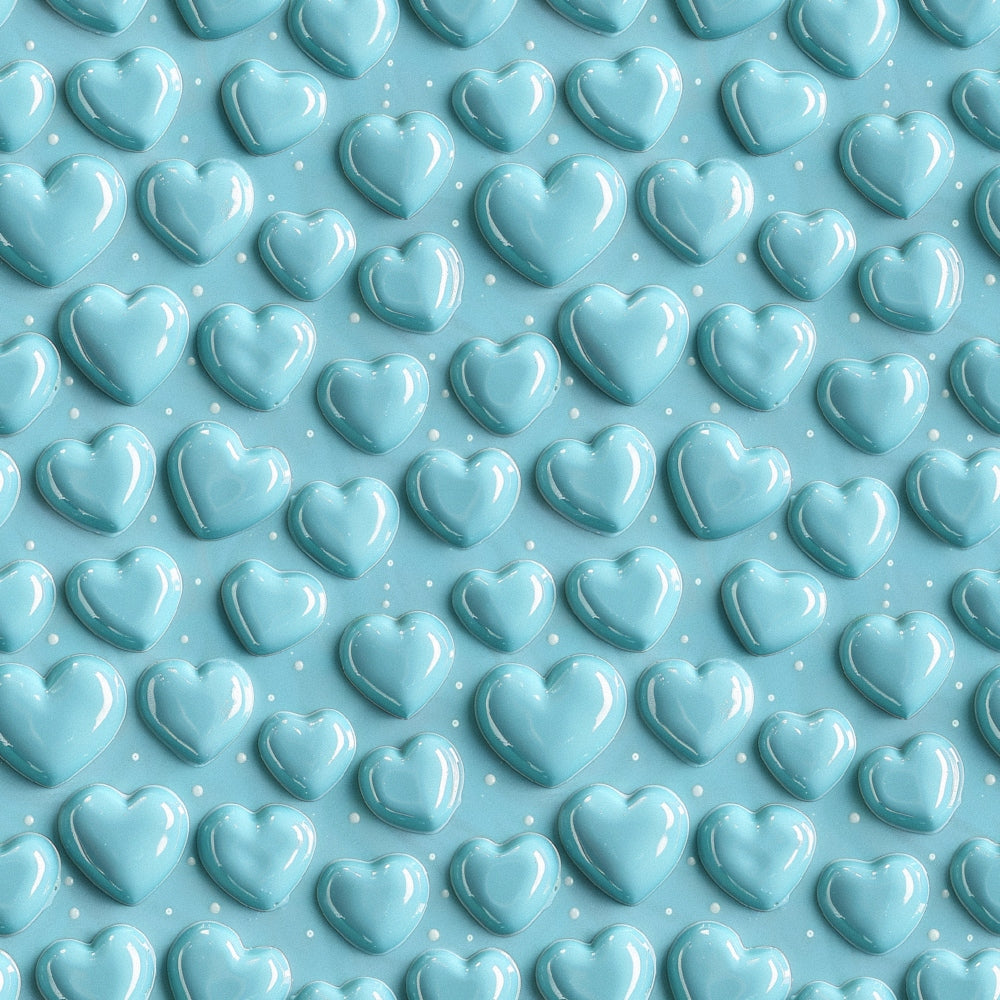 light blue, turquoise, aqua, heart pattern, 3d hearts, glossy hearts, polka dots, romantic design, love motif, repeating pattern,, fabric panel, whimsical style, valentine theme, soft pastels, dimensional effect, sweet design, craft fabric, sewing material