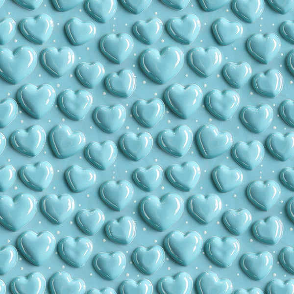 light blue, turquoise, aqua, heart pattern, 3d hearts, glossy hearts, polka dots, romantic design, love motif, repeating pattern,, fabric panel, whimsical style, valentine theme, soft pastels, dimensional effect, sweet design, craft fabric, sewing material
