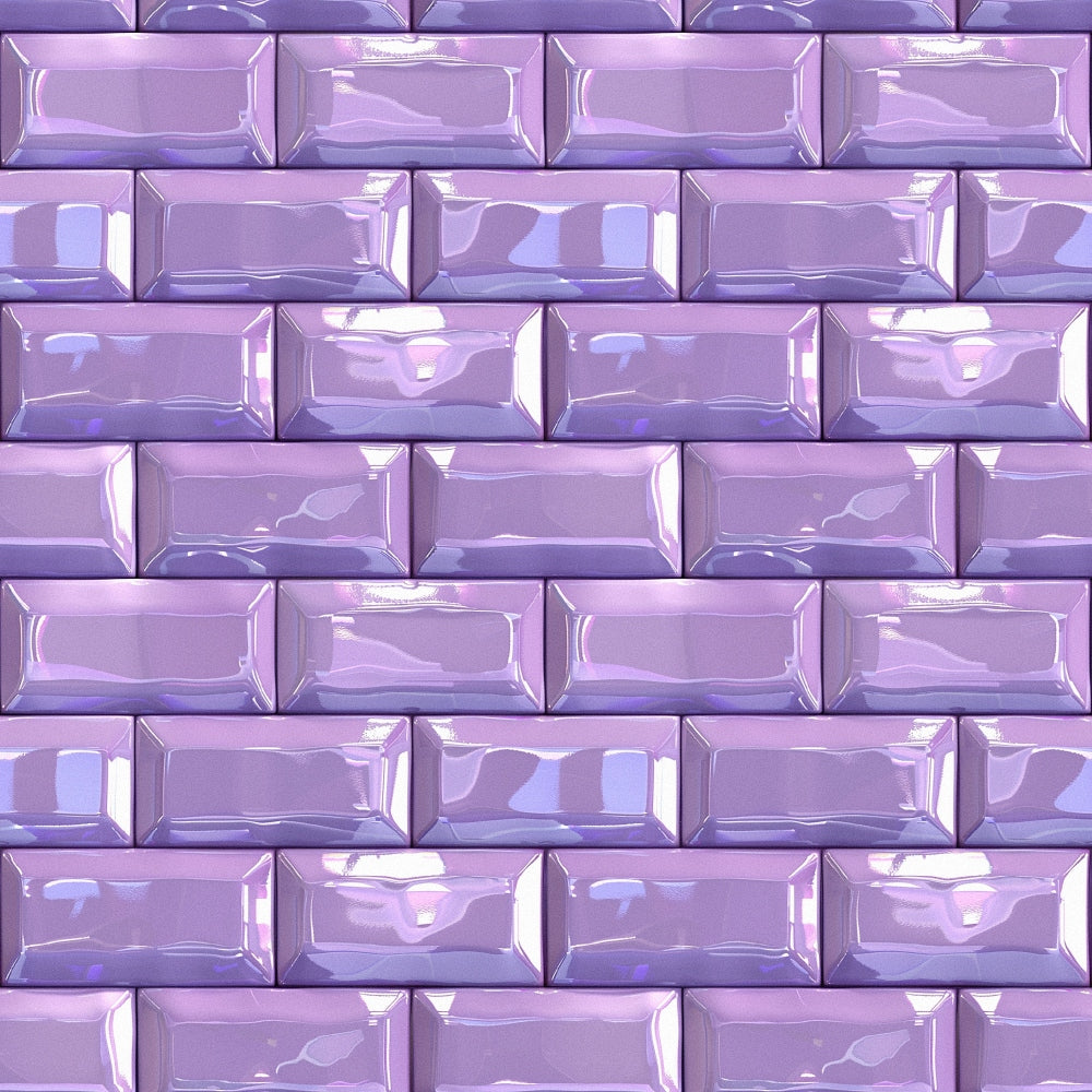 purple, lavender, lilac, subway tiles, brick pattern, geometric, glossy finish, iridescent, shimmery, rectangular blocks, repeating pattern,, fabric panel, dimensional effect, gradient purple, metallic sheen, uniform grid, ceramic tile look, seamless repeat, contemporary design