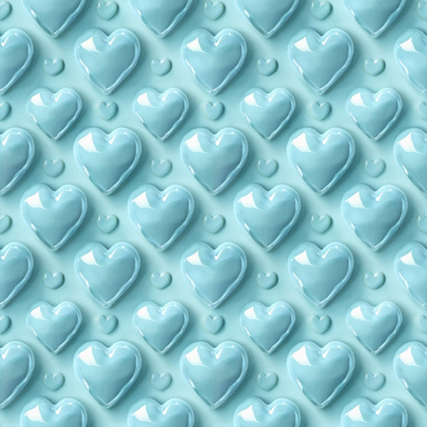 light blue, powder blue, heart pattern, 3d hearts, glossy hearts, repeating pattern, romantic design, love theme, dimensional effect,, fabric panel, seamless repeat, monochromatic, pastel colors, geometric hearts, craft fabric, sewing material, valentine theme, soft blue tones