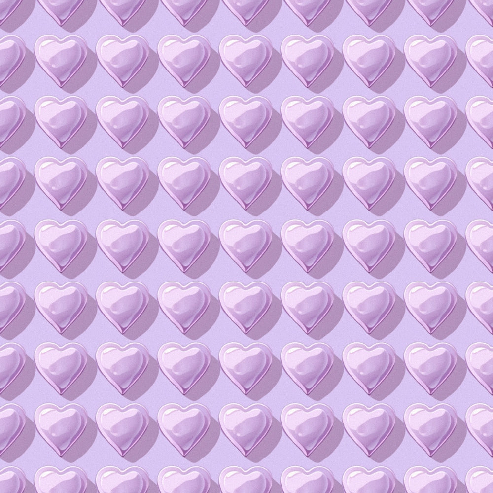purple hearts, lavender, lilac, mauve, heart pattern, repeating pattern, romantic, love motif, dimensional hearts, glossy finish,, fabric panel, valentine's theme, monochromatic, geometric arrangement, crafting material, sewing fabric, pastel purple, heart shapes, uniform pattern