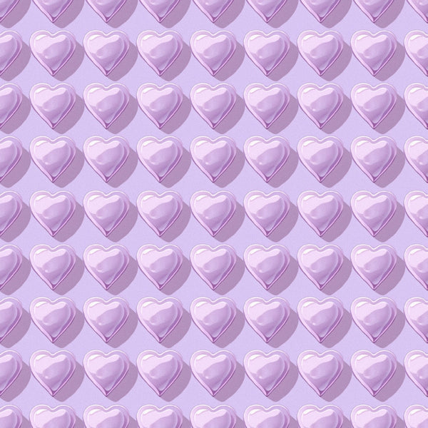 purple hearts, lavender, lilac, mauve, heart pattern, repeating pattern, romantic, love motif, dimensional hearts, glossy finish,, fabric panel, valentine's theme, monochromatic, geometric arrangement, crafting material, sewing fabric, pastel purple, heart shapes, uniform pattern