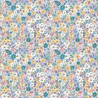 floral pattern, ditsy flowers, pastel colors, pink blooms, blue flowers, yellow petals, purple blossoms, teal accents, peach tones, lavender hues, small scale florals, scattered blooms, spring flowers, delicate petals,, fabric panel, watercolor style, feminine design, soft pastels, botanical print