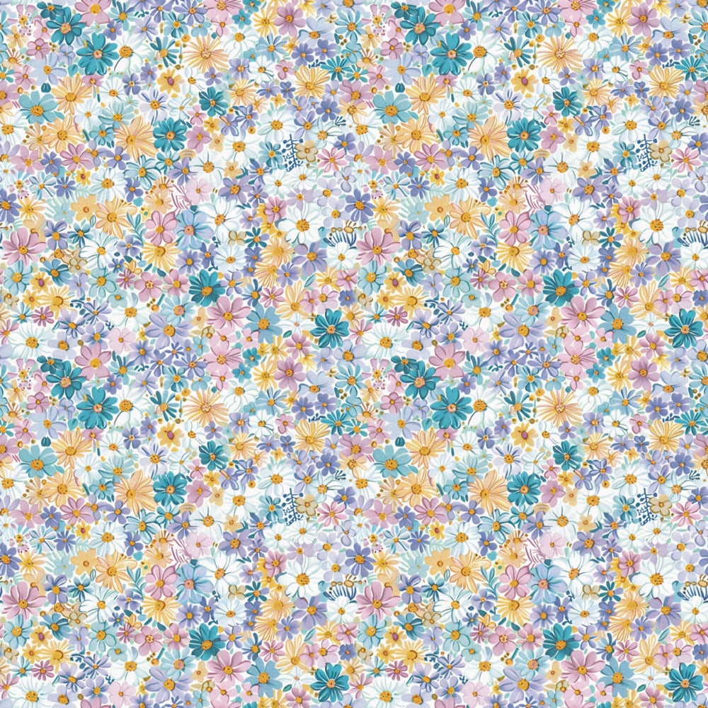 floral pattern, ditsy flowers, pastel colors, pink blooms, blue flowers, yellow petals, purple blossoms, teal accents, peach tones, lavender hues, small scale florals, scattered blooms, spring flowers, delicate petals,, fabric panel, watercolor style, feminine design, soft pastels, botanical print