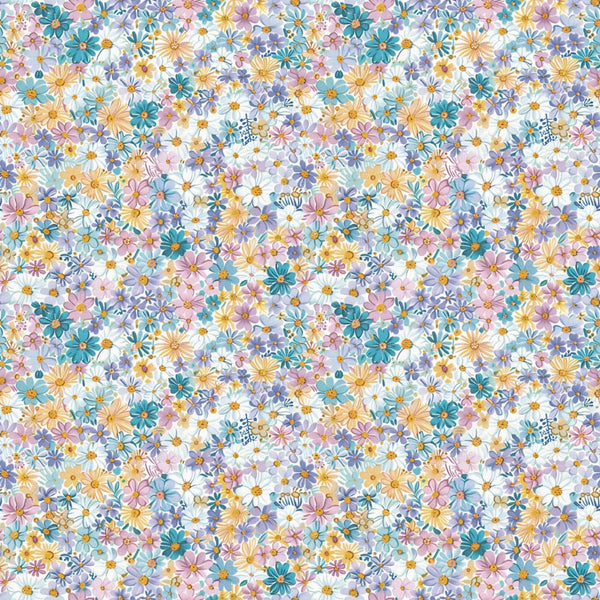 floral pattern, ditsy flowers, pastel colors, pink blooms, blue flowers, yellow petals, purple blossoms, teal accents, peach tones, lavender hues, small scale florals, scattered blooms, spring flowers, delicate petals,, fabric panel, watercolor style, feminine design, soft pastels, botanical print