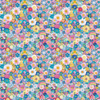 floral pattern, colorful flowers, pink flowers, blue flowers, yellow flowers, white daisies, rainbow motifs, retro style, groovy aesthetic, psychedelic design, flower power, 1960s inspired, bright colors, cheerful mood, repeating pattern,, fabric panel, small scale print, dense floral, vibrant pastels