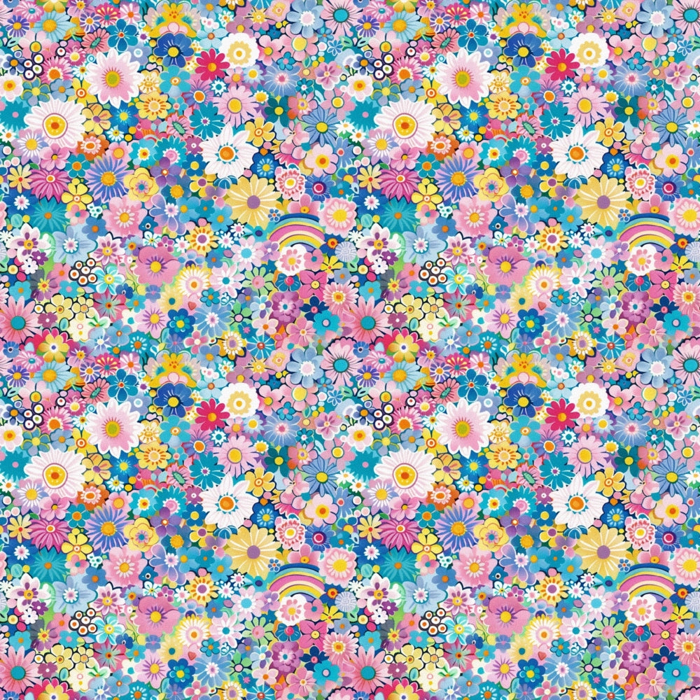 floral pattern, colorful flowers, pink flowers, blue flowers, yellow flowers, white daisies, rainbow motifs, retro style, groovy aesthetic, psychedelic design, flower power, 1960s inspired, bright colors, cheerful mood, repeating pattern,, fabric panel, small scale print, dense floral, vibrant pastels
