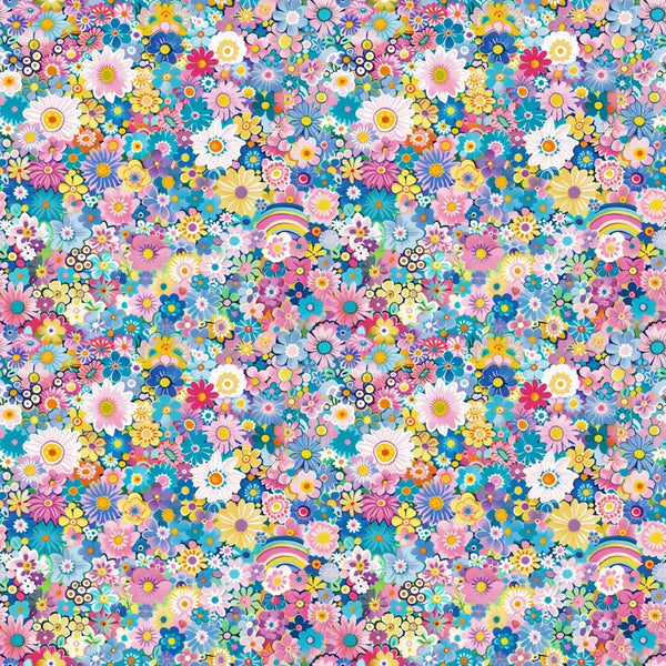 floral pattern, colorful flowers, pink flowers, blue flowers, yellow flowers, white daisies, rainbow motifs, retro style, groovy aesthetic, psychedelic design, flower power, 1960s inspired, bright colors, cheerful mood, repeating pattern,, fabric panel, small scale print, dense floral, vibrant pastels