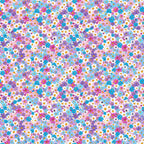 floral pattern, daisy flowers, purple flowers, blue flowers, pink flowers, white flowers, orange centers, colorful blooms, small scale print, ditsy floral, spring flowers, cheerful design,, fabric panel, bright colors, scattered flowers, feminine pattern, craft fabric, sewing material, flower power