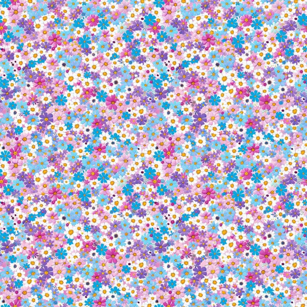 floral pattern, daisy flowers, purple flowers, blue flowers, pink flowers, white flowers, orange centers, colorful blooms, small scale print, ditsy floral, spring flowers, cheerful design,, fabric panel, bright colors, scattered flowers, feminine pattern, craft fabric, sewing material, flower power