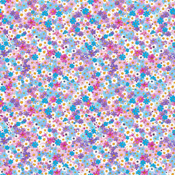 floral pattern, daisy flowers, purple flowers, blue flowers, pink flowers, white flowers, orange centers, colorful blooms, small scale print, ditsy floral, spring flowers, cheerful design,, fabric panel, bright colors, scattered flowers, feminine pattern, craft fabric, sewing material, flower power