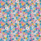 floral pattern, ditsy flowers, bright colors, pink flowers, blue flowers, yellow flowers, white daisies, purple blooms, small scale florals, cheerful mood, spring flowers,, fabric panel, retro style, dense pattern, multicolor design, vintage inspired, crafting fabric