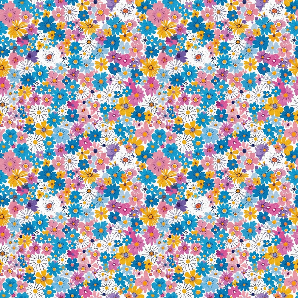 floral pattern, ditsy flowers, bright colors, pink flowers, blue flowers, yellow flowers, white daisies, purple blooms, small scale florals, cheerful mood, spring flowers,, fabric panel, retro style, dense pattern, multicolor design, vintage inspired, crafting fabric
