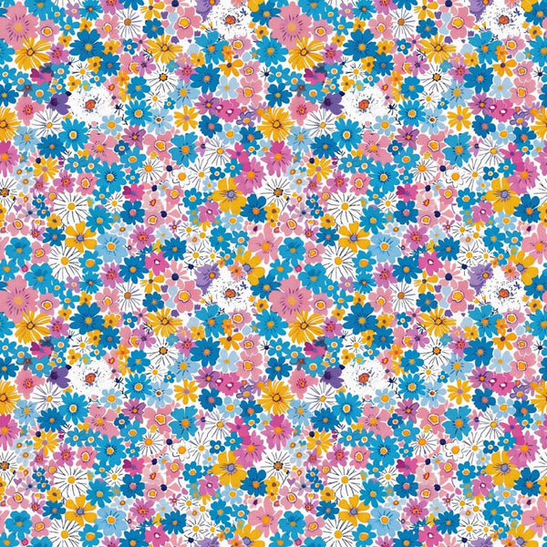 floral pattern, ditsy flowers, bright colors, pink flowers, blue flowers, yellow flowers, white daisies, purple blooms, small scale florals, cheerful mood, spring flowers,, fabric panel, retro style, dense pattern, multicolor design, vintage inspired, crafting fabric