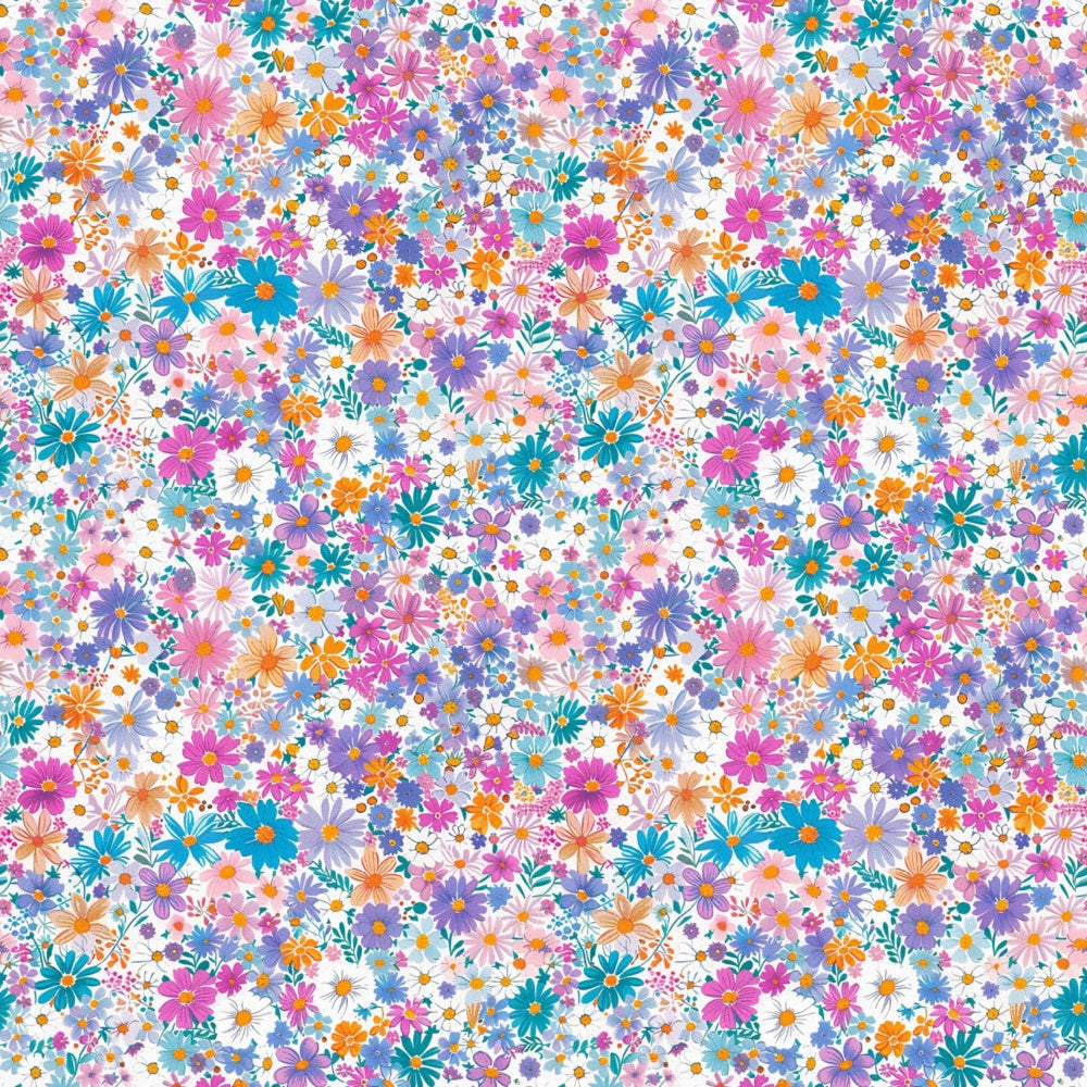 floral pattern, bright colors, pink flowers, purple blooms, orange blossoms, teal flowers, white daisies, small florals, ditsy print, cheerful design, spring motif, vibrant palette,, fabric panel, scattered flowers, multicolor blooms, botanical design, happy mood, craft fabric, sewing material