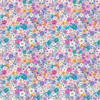 floral pattern, bright colors, pink flowers, purple blooms, orange blossoms, teal flowers, white daisies, small florals, ditsy print, cheerful design, spring motif, vibrant palette,, fabric panel, scattered flowers, multicolor blooms, botanical design, happy mood, craft fabric, sewing material