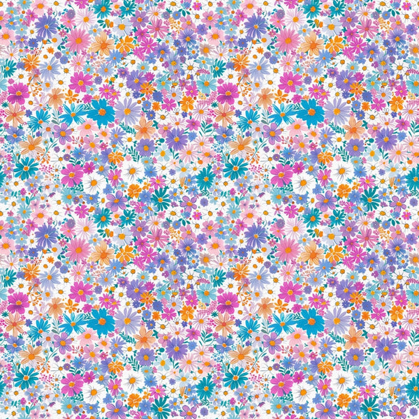 floral pattern, bright colors, pink flowers, purple blooms, orange blossoms, teal flowers, white daisies, small florals, ditsy print, cheerful design, spring motif, vibrant palette,, fabric panel, scattered flowers, multicolor blooms, botanical design, happy mood, craft fabric, sewing material