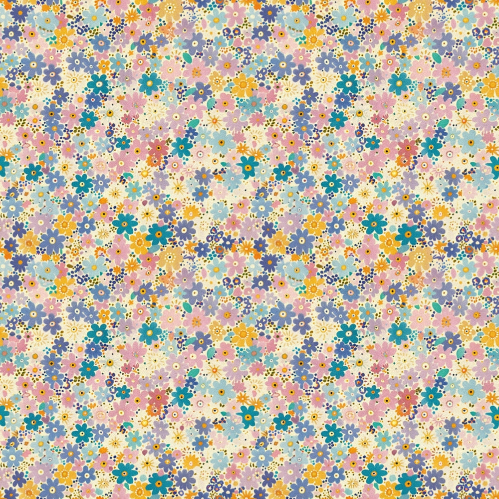 floral pattern, small flowers, ditsy print, multicolored blooms, pink flowers, blue flowers, yellow flowers, teal flowers, orange flowers, white background, scattered florals, tiny blossoms,, fabric panel, cheerful pattern, spring flowers, dense floral design, colorful petals, craft fabric, sewing material