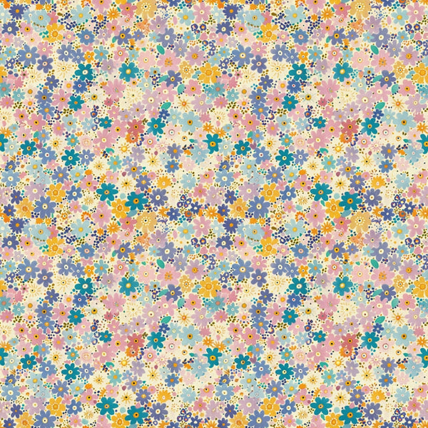 floral pattern, small flowers, ditsy print, multicolored blooms, pink flowers, blue flowers, yellow flowers, teal flowers, orange flowers, white background, scattered florals, tiny blossoms,, fabric panel, cheerful pattern, spring flowers, dense floral design, colorful petals, craft fabric, sewing material